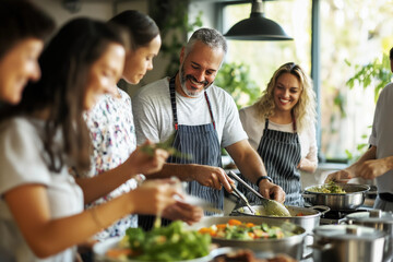 A group of people are cooking together in a kitchen