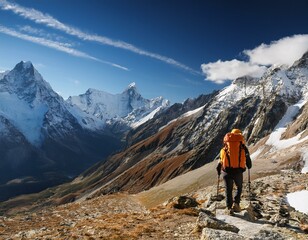 Fototapeta premium Mountain Adventure Trek male hiker hiking in the mountains in Norway or Alps in Austria on a sunny day