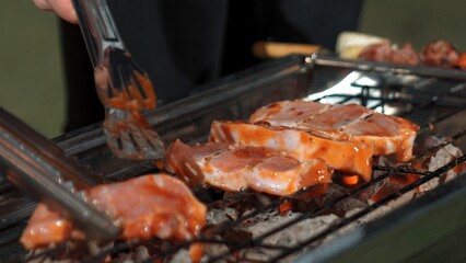 Family gather celebrate holiday, Family member grill food for dinner party. Outdoor camping...