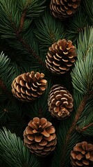 A detailed view of pine cones nestled among the needles of a pine tree, with ample copy space surrounding them,No blurriness