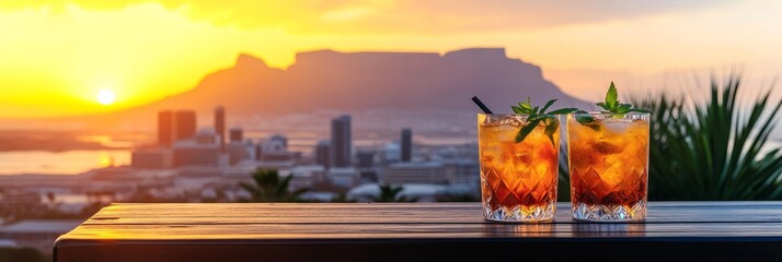 Naklejka premium Two cocktails on a table overlooking a stunning sunset with Table Mountain in the background. The city lights twinkle below