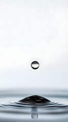 A minimalist composition featuring a single water droplet suspended in mid-air, with a blurred light background for emphasis,No blurriness