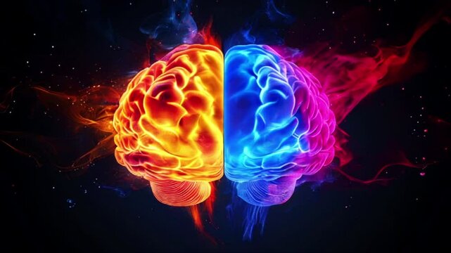 Human brain with right creative hemisphere and left logical hemisphere. AI medical, technological and scientific concept