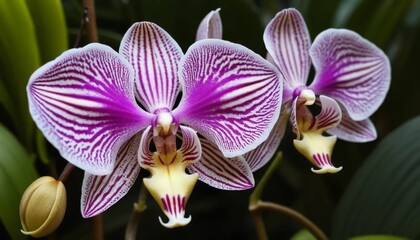 Pink Orchid Flower with White Stripes Close Up 