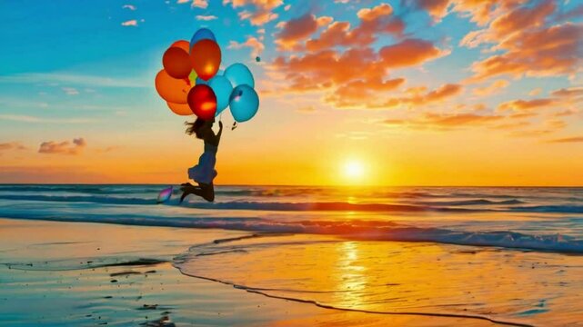 Woman jumping with balloons on the beach