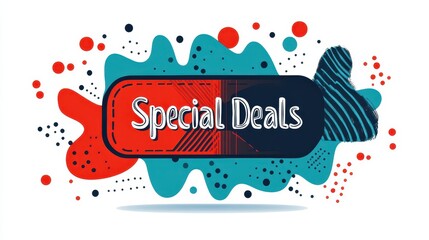 A colorful minimalist illustration represents special deals through dynamic shapes and bold text, emphasizing creativity and modern style
