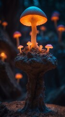 A glowing, empty pedestal in a cavern of bioluminescent fungi.