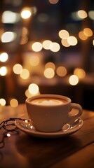 An artistic shot of a coffee cup with bokeh lights in a cozy cafÃ© setting, creating a warm and inviting atmosphere,No blurriness