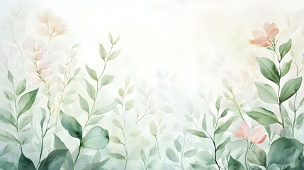 Fototapeta premium A vibrant watercolor painting of delicate leaves and flowers, featuring rich greens and soft pinks, set against a light solid color background, allowing for ample copy space,No blurriness