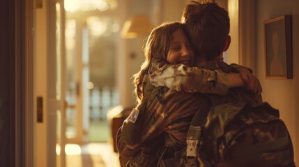 A joyful reunion: A soldier hugs a child in warm sunlight. Their smiles share love and happiness after a long separation.
