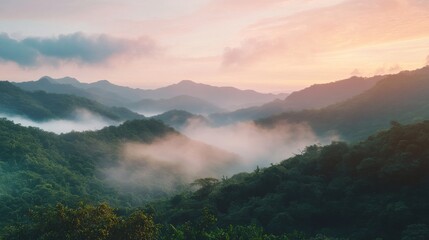 Misty mountain landscape at sunrise, serene nature exploration concept
