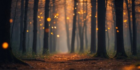 A forest where the trees glow with an inner light, casting eerie shadows on the ground.