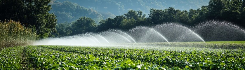 A serene landscape showcasing irrigation systems watering vibrant crops under a clear blue sky, highlighting agricultural practices.