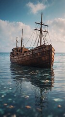 A shipwreck frozen in time, floating in the middle of a crystal-clear sea.