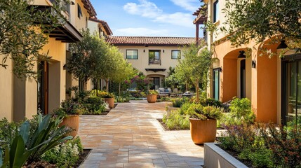 Serene courtyard with plants and pathways in a residential setting.