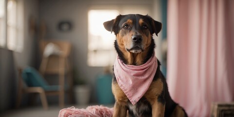 A dog is sitting on a stool in a room with a pink bandana around its neck.