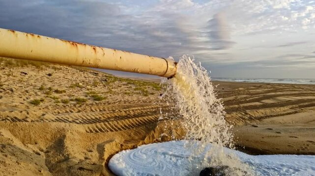 Abwasser mit wei&szlig;em Schaum sprudelt aus gro&szlig;em Abwasserrohr am Strand in den Sand und flie&szlig;t direkt ins Meer, Umweltschutz, Umweltverschmutzung, Abwasser, Gesundheit, Industrieabwasser
