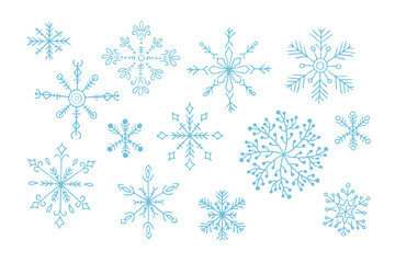 Winter blue outline doodle set with snowflakes. Monochrome contour stickers. Vector clipart of sketchy drawings isolated on white background
