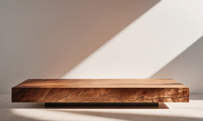 A long, wooden coffee table sits in a bright room with sunlight streaming through the window