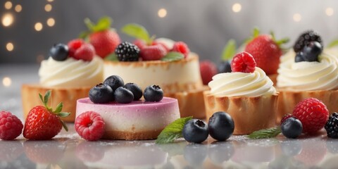 Colorful assorted desserts with fresh berries in focus.