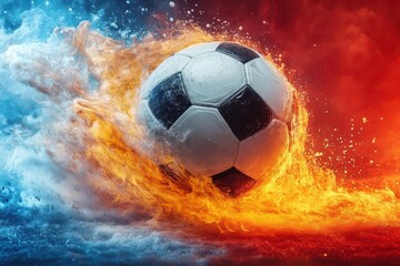 Naklejka premium dynamic soccer ball trailing fire and ice suspended midair against swirling red and blue paint splatter background