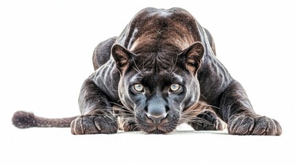 Crouched low on a stark white surface, the black panther displays its sleek form and intense gaze, embodying a perfect blend of elegance and strength as it prepares to leap.