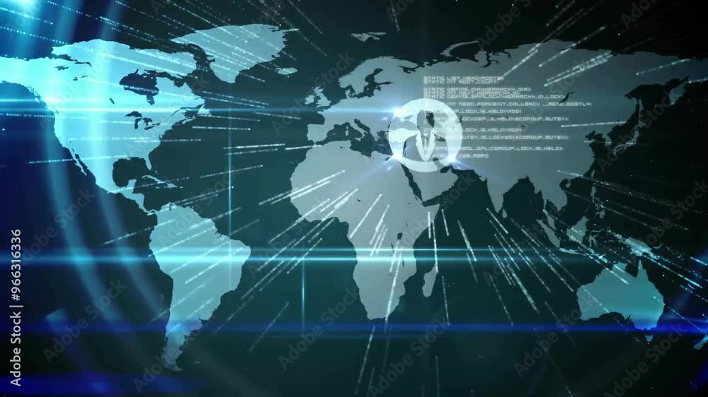Poster animation of network of connections and data processing over world map