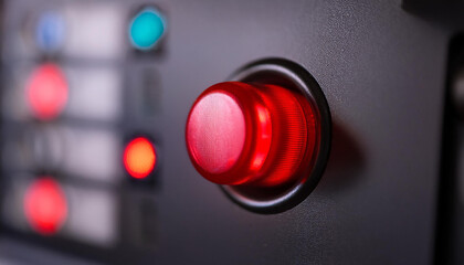 Neon red button on control panel. Modern equipment.