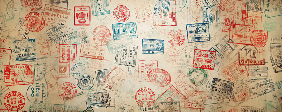 Vintage travel stamps on aged paper background. Colorful passport stamp creating retro travel texture