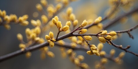 Close up view of springtime yellow willow buds on a branch.