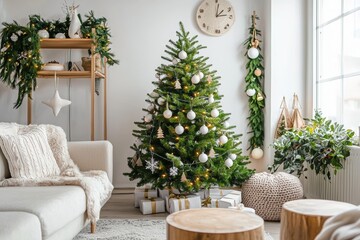Obraz premium Minimalist Christmas Tree in Cozy Scandinavian Living Room, Styled with Natural Earthy Tones
