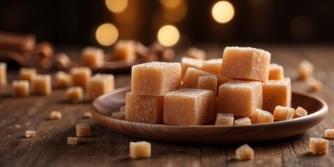 refined sugar cubes from sugar toast brown sugar on wooden plate sweet background close up.
