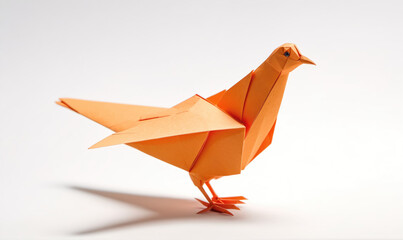 An origami bird, folded from orange paper, sits on a white surface