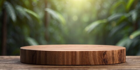 Wooden podium for product presentation with tropical forest background 221.