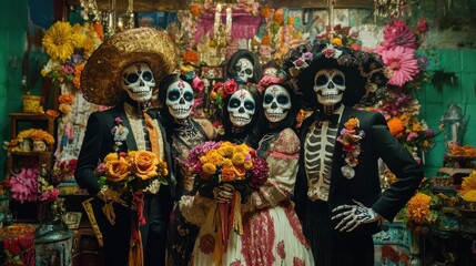 Fototapeta premium A group of skeleton figures in traditional attire celebrating Día de los Muertos.