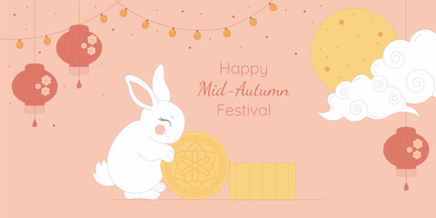 Chinese Mid Autumn festival greeting card, background. Moon, flowers, mooncakes, rabbits and clouds. Vector illustration.