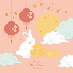 Chinese Mid Autumn festival poster, greeting card. Moon, flowers, mooncakes, rabbits and clouds. Vector illustration.