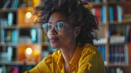 Focused young woman in glasses thinking in a cozy library environment surrounded by books and soft lights.