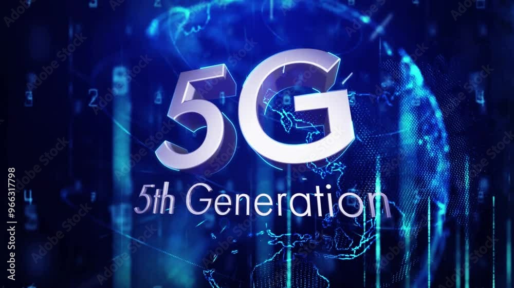 Poster animation of 5g text over data processing and globe