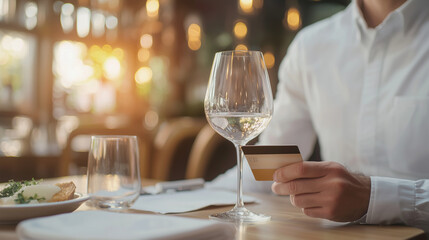 Obraz premium Cafe Payment: Close-Up of a Man Settling the Bill with a Credit Card After a Romantic Dinner in an Upscale Restaurant. photo