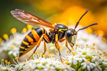 Vibrant orange and black wasp perches on a delicate white flower petal, its striped body glistening in the