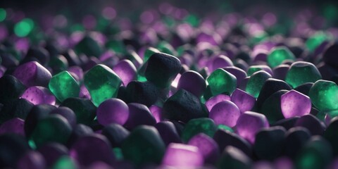 A futuristic background of glowing green and purple shapes floating in space.