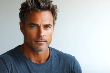 Fototapeta premium The man gazes intensely, showcasing his captivating expression and relaxed demeanor