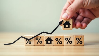 Hand Placing Home Symbol on Block Graph Indicating Rising Real Estate Trends with Percentages