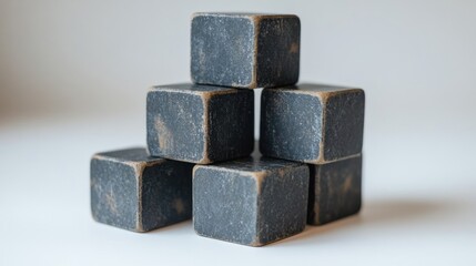 A stack of dark wooden cubes is carefully arranged, displaying minimalist elegance