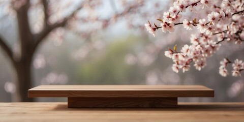 Wooden table top product display with cherry blossom background.