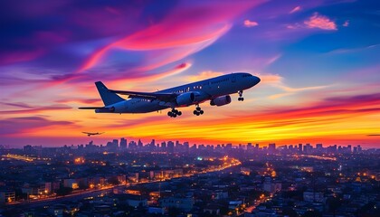 Nighttime skyline with vibrant clouds as an airplane descends over the city, capturing the beauty of a colorful sky at sunset