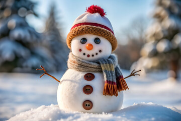 Obraz premium Delightful snowman with a knitted hat and scarf smiling in a snowy setting