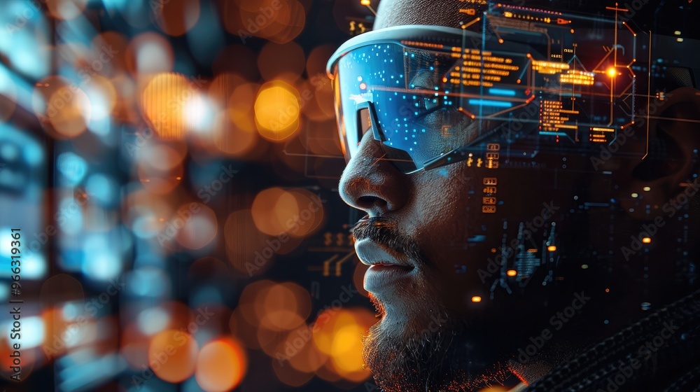 Poster futuristic man with his tech, holographic data surrounded him, calculated. generative ai.