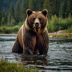 Obraz premium brown bear in water generative ai